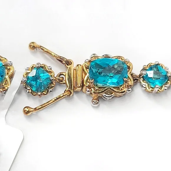 Gems En Vogue | NWT 8" Cushion Cut Paraiba Topaz 18k Gold Sterling Line Bracelet - Picture 6 of 9